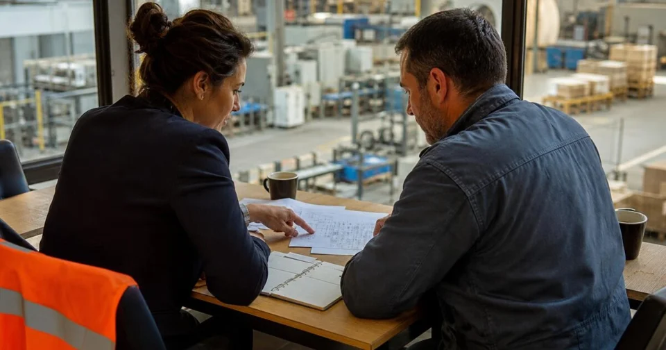 Couverture de l’analyse : deux personnes examinent un document dans un site industriel