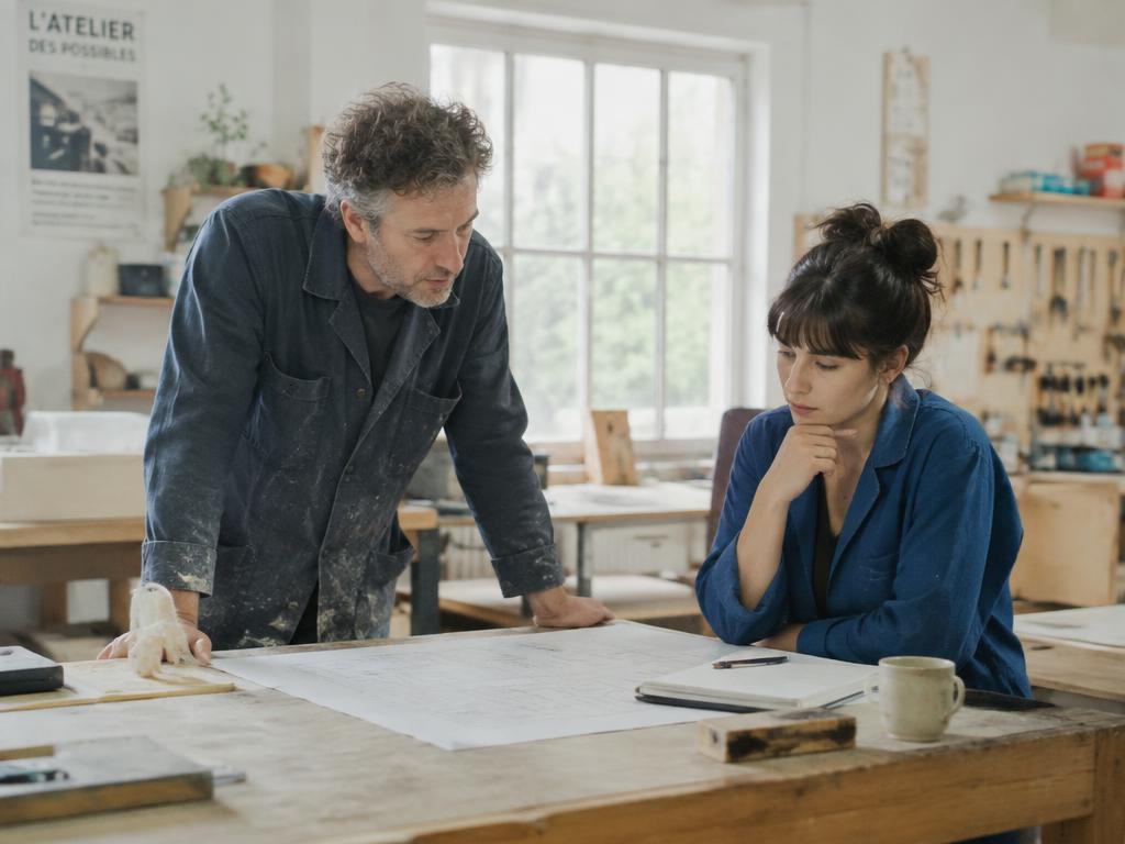 Illustration : deux personnes autour d'un plan d'action, dans un atelier